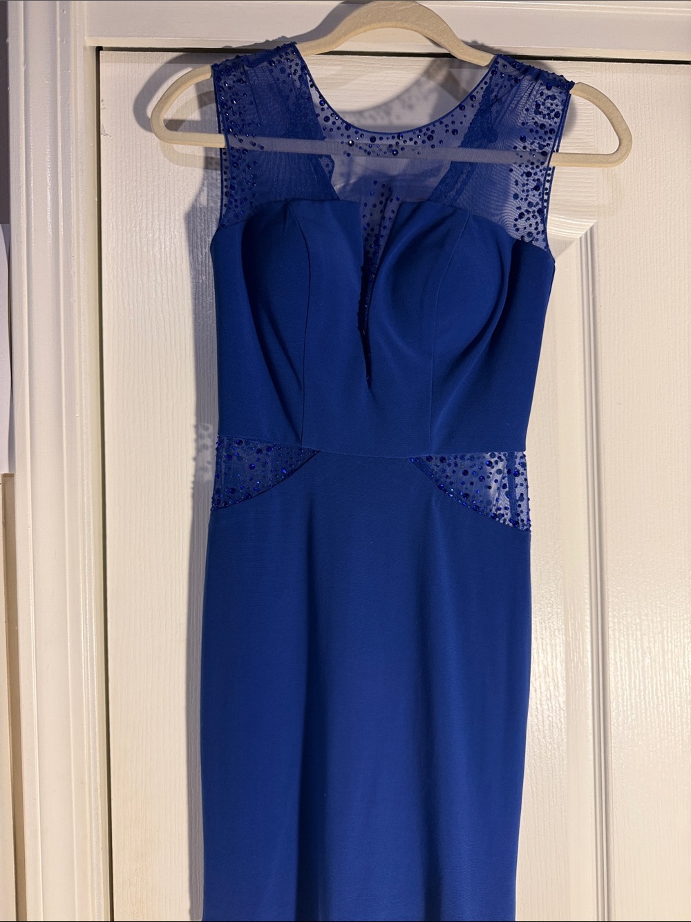 Sleek Cobalt Blue Sleeveless Midi Dress with Sheer Embellished Yoke